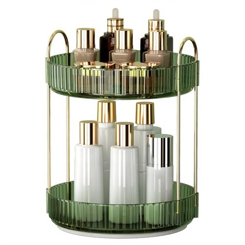 360 Rotating Makeup Organizer and Storage for Vanity Countertop 2 Tiers, High Capacity Cosmetic Skincare Perfume Organizers for Dresser Bathroom Lazy Susan (Vintage Green)