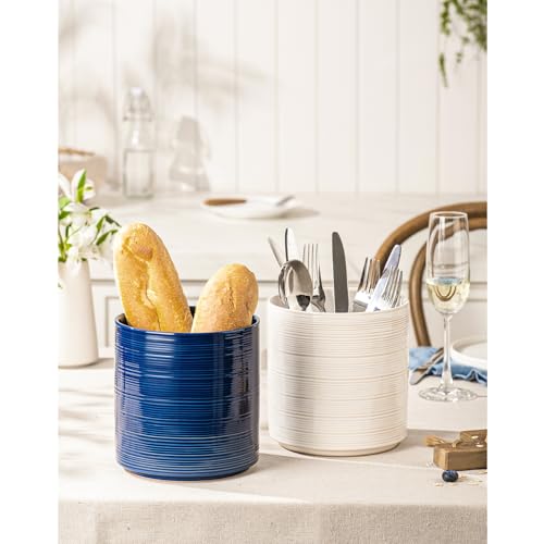 Large Utensil Holder for Kitchen Counter, 7.3” Ceramic Cooking Utensil Crocks for Spatula & Spoon, Farmhouse Kitchen Utensil Holder with Cork, Home Decor, Dark Blue - view 7
