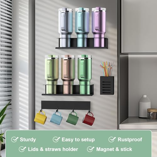 4 Pack Magnetic Cup Holder for Refrigerator, Water Bottle Organizer for Stanley and Tumbler, Accessory with Lid Hook Straw Holder and Double Sided Tape for Kitchen Fridge Cabinet - view 6