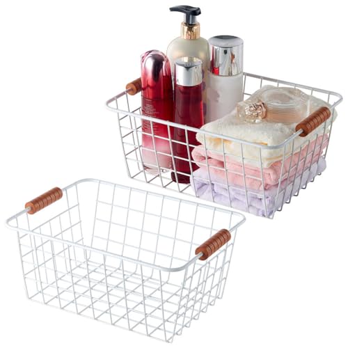 Wire Kitchen Storage Basket 2 Packs,Perfect Pantry Organization Accessories Baskets,Laundry Basket,With a Wooden Handle,Suitable for Kitchen,Bathroom,Bedroom,Tabletop,Stackable,White