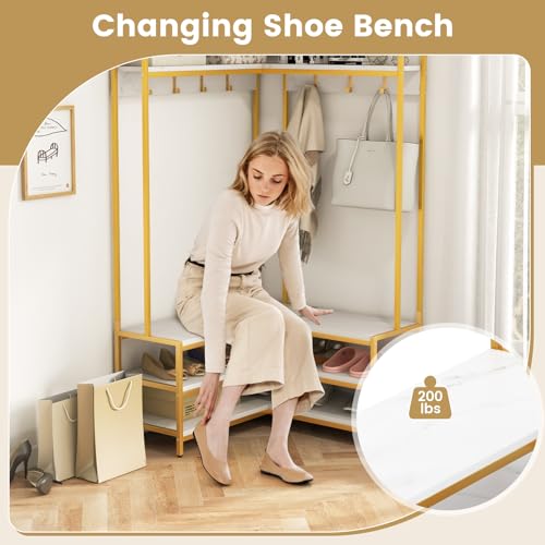 Corner Coat Rack, L-Shaped Hall Tree with Bench and Shoe Storage - view 4