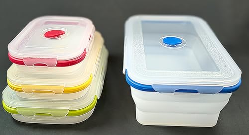 Collapsible Silicone Food Storage Containers - Rectangular Set of 4 with Airtight Snap-Down Plastic Lids - Microwave, Dishwasher, Freezer Safe