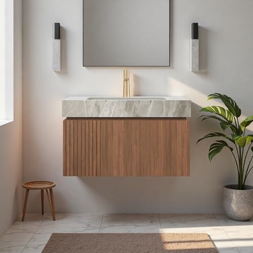 30" Bathroom Vanity with Sink, Wall-Mounted Plywood Bathroom Storage Cabinet with Ceramic Basin & Sintered Stone Countertop, Modern Pre-Assembled Floating Vanity with Drawer & Door, Brown Oak - view 3