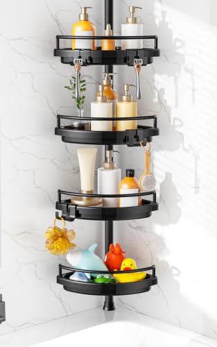 Corner Shower Caddy Tension Pole: Adjustable Stainless Steel Shower Organizer 4 Tier Shelf for Bathroom Bathtub Shampoo - Floor Standing Rack Bath Storage Holder with Rust Proof Rods- Black