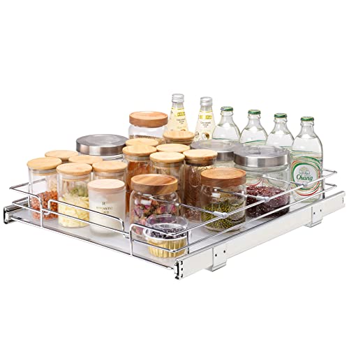 15.5" Wx21 Dx3.5 H Pull Out Cabinet Organizer, Heavy Duty Slide Out Pantry Shelves, Chrome-Plated Steel Roll Out Drawers, Storage for Home Under Sink, 16.5" Wx22 Dx7 H Install Size for Cabinet