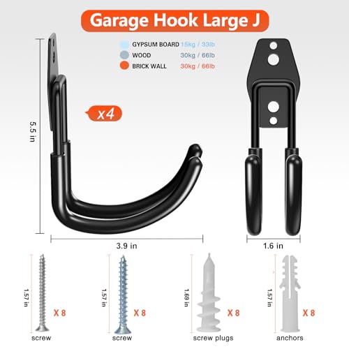 Heavy Duty Garage Hooks 4 Pack, J Shaped Hanger, Wall Mounted Storage System, Power and Garden Tool Organizer, for Hanging Ladders, Bikes Tires, Hose, Bulk Items - view 2