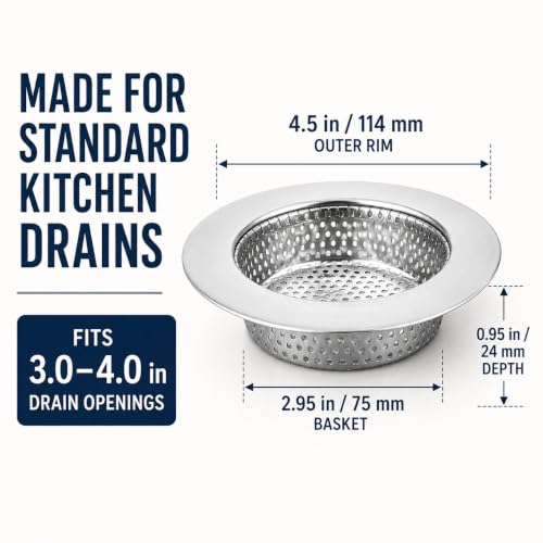 3-Pack Kitchen Sink Strainer - Stainless Steel Drain Filter with Large 4.5" Wide Rim, Anti-Clog Perforated Basket for Standard Sinks - view 2