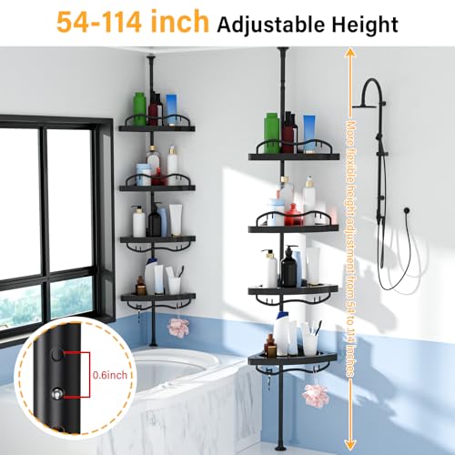 Black Corner Shower Caddy Tension Pole - Heavy Duty Rustproof Stainless Steel Shower Organizer with 4 Adjustable Shelves, No-Drill Free Standing for Bathroom, Bathtub, RV,54" to 114" Tall - view 6