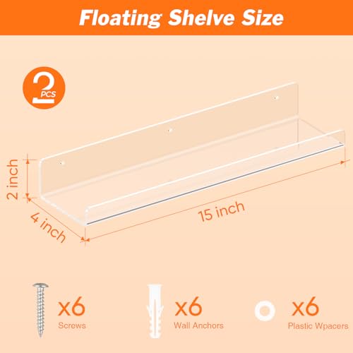 2 Pack Floating Shelves for Wall, 15" Clear Floating Wall Shelf - view 3