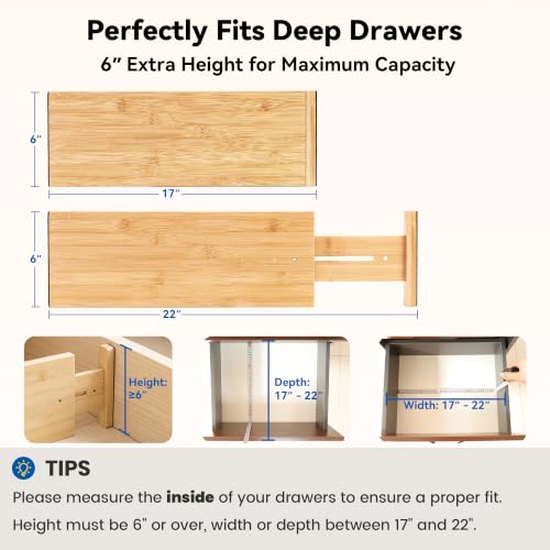 4 Pack 6" Deep Bamboo Drawer Dividers, 17-22" Expandable Kitchen Organizers - view 2