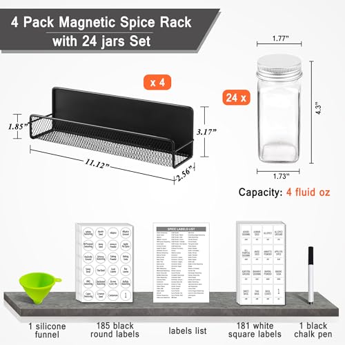 4 Pack Magnetic Spice Rack for Refrigerator, 24 Spice Jars, Labels - view 3