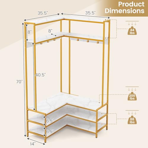 Corner Coat Rack, L-Shaped Hall Tree with Bench and Shoe Storage - view 7