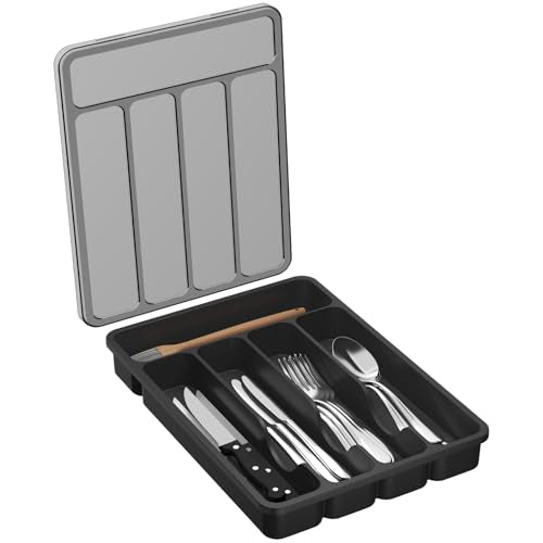 Silverware Organizer with Lid, Covered Utensil Tray, 9.5x12.7