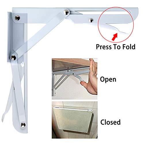 Sturdy Folding Shelf Brackets - Heavy Duty Metal Triangle Table Bench Folding Shelf Brackets, 2 Pcs Folding Shelf Hinge Wall Mounted (8 Inch, White) - view 3