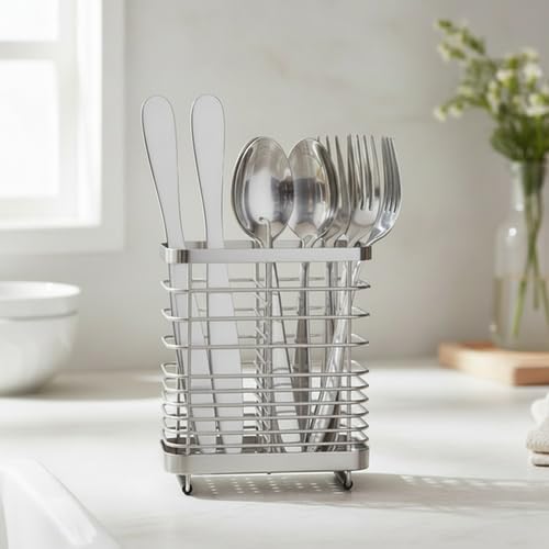 Kitchen Utensil Drying Rack, 18/8 Stainless Steel Chopsticks Spoon Fork Knife Basket Flatware Storage Drainer, Cutlery Holder for Kitchen Counter （6.1x2.95x6.5 inch） - view 6