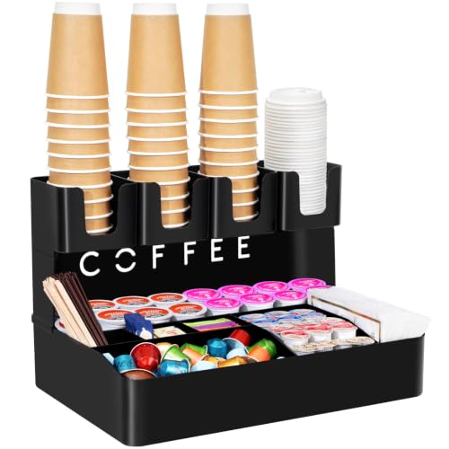 2-tier Coffee Station Organizer, 11 Compartments, Black, Plastic