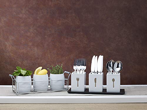 3-Piece Ceramic Caddy with Wood Tray, White, Black - view 7