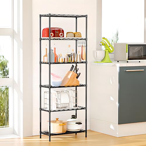 6-Tier Storage Shelf Wire Shelving Unit Free Standing Rack Organization Adjustable Leveling Feet, Stainless Side Hooks, Black - view 2