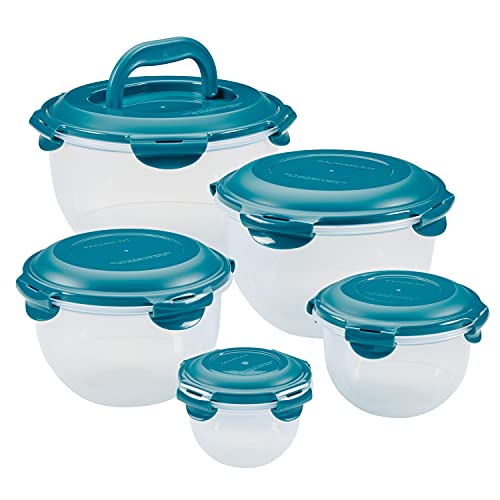 Leak-Proof Nestable Container Food Storage Bin Set, 10-Piece, Clear with Teal Lids