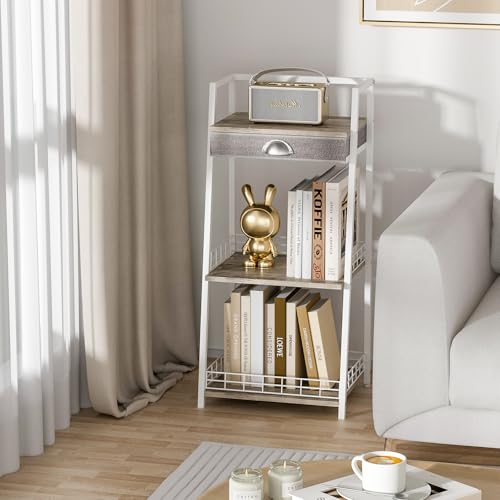 3-Tier Small Bathroom Shelves with Drawer, Floor Storage Shelf, Small Bathroom Stand Rack, Freestanding Ladder Shelf for Living Room Bedroom, White - view 6