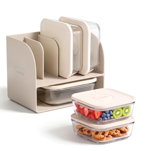 Glass Food Storage Containers with Lids & Organizer (Cream)