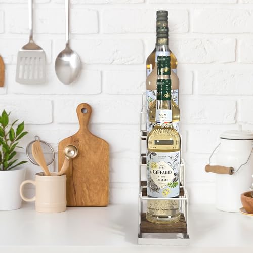 Syrup Bottle Holder Rack, Rustic Wood and White Metal Wire 4 Tier Syrup, Wine, Dressing Bottle Countertop Display Storage Stand for Kitchen Coffee Bar- MK816B - view 5