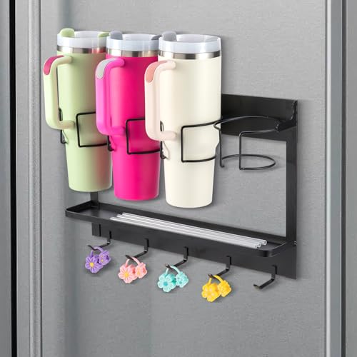 Water Bottle Organizer Holder, Magnetic Cup Rack Storage for Stanley & Large Tumbler, Space Saving Wall Mount Bottle Organizer with 5 Hook, Easy to Install, Black