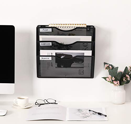 3 Pocket Mesh Wall File Organizer, Hanging Paper Folder Holder with Classify Label, Vertical Wall Mount Mail Organizer for Office Home Classroom, Black - view 6