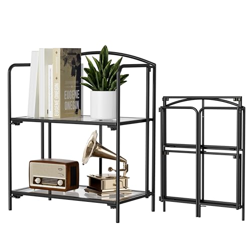 2-Tier Foldable Bookshelf, Black Frame & Transparent Shelves