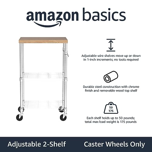 Portable Kitchen 3-Tier Storage Rack on Caster Wheels with Adjustable 2 Shelves, 175 Pound Capacity, 21 x 15 x 36.7 inches (LxWxH), Wood/Chrome - view 2