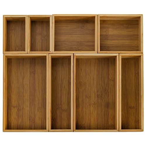 8 Pieces Bamboo Drawer Organizer Boxes, Stackable Drawer Organizer Storage Tray 4-Size, Versatile Dividers Cutlery Holders Bins Containers for Kitchen, Bathroom, Office Desk, Makeup, Jewelry - view 4