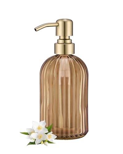16 Oz Amber Glass Soap Dispenser,Stainless Steel Brushed Gold Pump Vertical Stripes Design for Bathroom Hand Soap & Kitchen Dish Soap,Brown Liquid Soap Dispenser for Countertops ﻿
