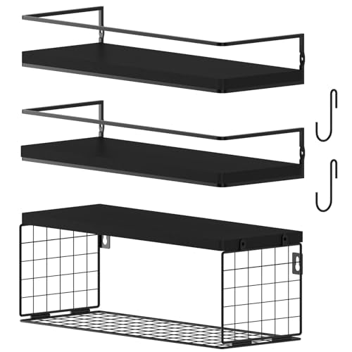 Black Floating Shelves with S Hooks, Wall Mounted Bathroom Shelves Over Toilet with Toilet Paper Basket, Bathroom Organizers and Storage, Small Corner Shelf for Bedroom Home Room Wall Decor