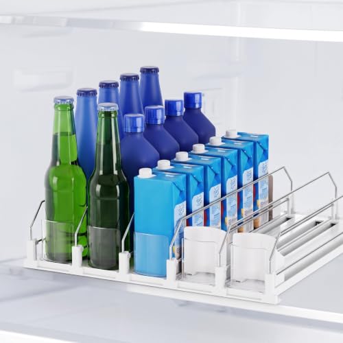 Drink Organizer for Fridge,5 Rows Fridge Soda Can Organizer,20oz 16oz 12oz-Self Pushing Soda Dispenser for Fridge,Adjustable Width-Holds up to 25 Cans,White