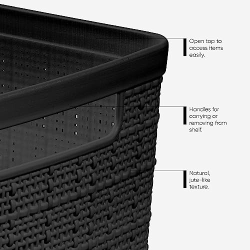 Set of 6 Medium 12L Jute Decorative Plastic Organization and Storage Baskets - Perfect Bins for Home Office, Closet Shelves, Kitchen Pantry and All Bedroom Essentials, Black - view 5
