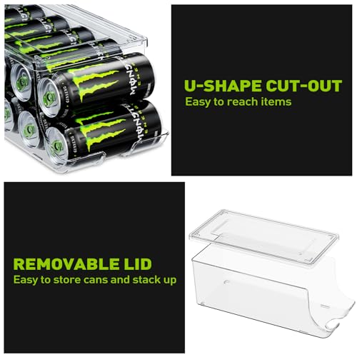 2 Pack Tall Skinny Can Organizer for Refrigerator, Stackable Large Soda Cans of 16oz & 17oz Beverage Energy Drink Container Holder Dispenser with Lid for Fridge, Clear Storage Plastic Bins - view 4