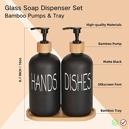 Glass Soap Dispenser Set. Hand and Dish with Bamboo Tray. Vintage Pump for Kitchen Drain Outlet Bathroom. Stylish Permanent Labels (Matte Black) - view 2
