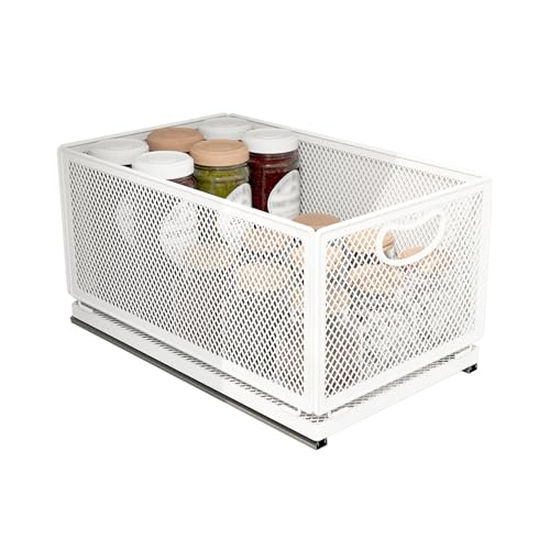 Sliding Cabinet Basket Organizer Drawer Self Adhesive Slide out Pantry Shelves Heavy Duty Carbon Steel Slide Cabinet Storage Basket with Handle for Bathroom Kitchen Home