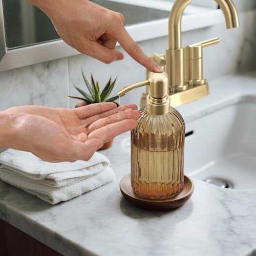 16 Oz Amber Glass Soap Dispenser,Stainless Steel Brushed Gold Pump Vertical Stripes Design for Bathroom Hand Soap & Kitchen Dish Soap,Brown Liquid Soap Dispenser for Countertops ﻿ - view 2