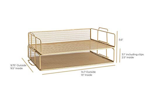 Paper Tray Stackable Gold Mesh Set of 2 | Stackable File Trays for Desk Organization | Tiered Desk Organizer with Metal Letter Trays - view 6