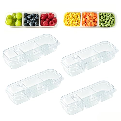 4 Pack 3-Compartment Fridge Organizer Bins Bacon organizer Box Fruit Storage Containers with Lids, Airtight Containers for Bacon,Veggies & Fruit,Stackable Refrigerator & Freezer Organizer,Microwave