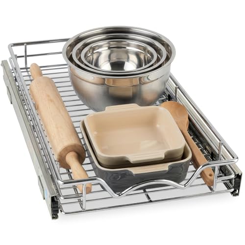 HOLD N' STORAGE Pull Out Cabinet Organizer, Heavy Duty-w/Lifetime Limited Warranty -11”W x 17”D-Requires At Least 12-1/4” Cabinet Opening, Steel Metal Cabinet Drawers Slide Out, Chrome Finish