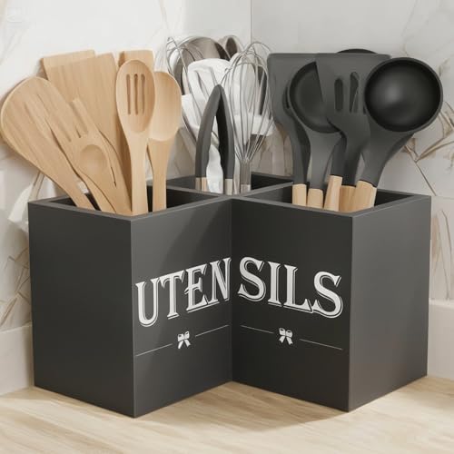 Extra Large Utensil Holder Countertop for Kitchen Counter,Wood,Black - view 3