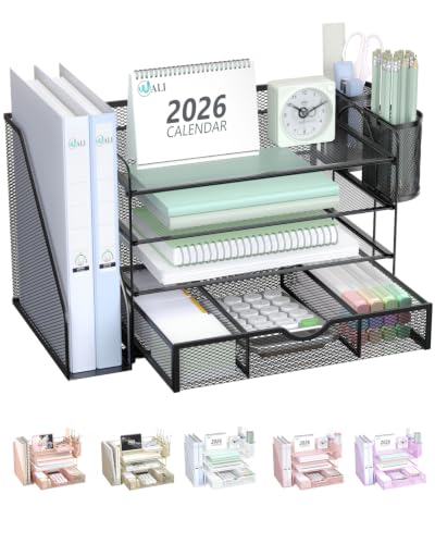 Desk File Organizer, 4 Tier Desktop Paper Letter Tray Organizer with Drawer and 2 Pen Holders, Office Desk Accessories & Workspace Organizers for Office, Home Supplies(DO005DH-B), 1 Pack, Black