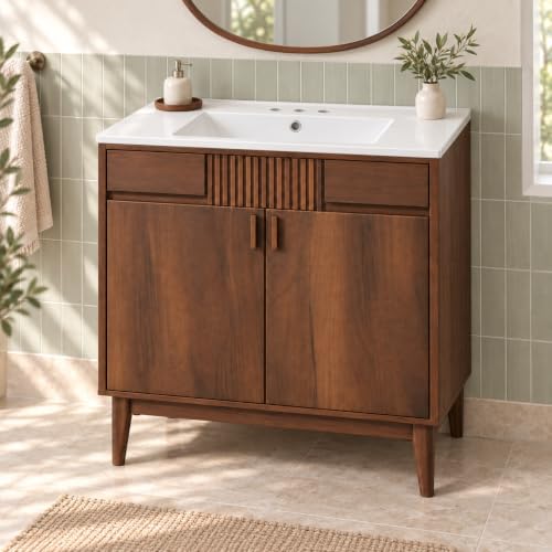 36 Inch Bathroom Vanity with Sink, Mid Century Walnut Freestanding Vanity Cabinet with Ceramic Sink Top, Solid Wood Legs, Vertical Slatted Accent, Soft Close Doors and Storage - view 3