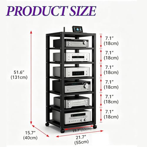 Hi-Fi Rack with Wheels - 7 Shelves Corner TV Stand Sturdy Storage Solution for Home Theater Entertainment System & Media Devices - Modern Design & Easy Mobility - view 2