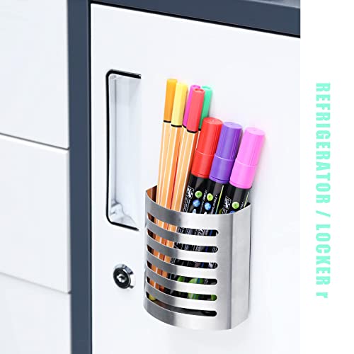 2 Pack Magnetic Modern Pen and Pencil Holder, Metal Writing Utensil Storage Organizer for Kitchen, Locker, Home, or Office, 3.25" x 1.75" x 3.50", Brushed Stainless Steel - view 2