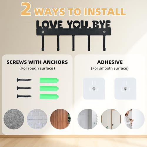 Key Holder Wall Mount, No Drill Adhesive, Black, 5 Hooks - view 3