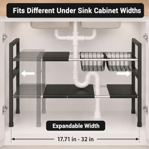 Expandable Under Sink Organizer, 2 Tier Under Sink Shelf, Height Adjustment, Under Sink Shelves with 3 Removable Baskets and 3 Removable Panels for Bathroom Kitchen Pantry Cabit black 21.65in - view 4