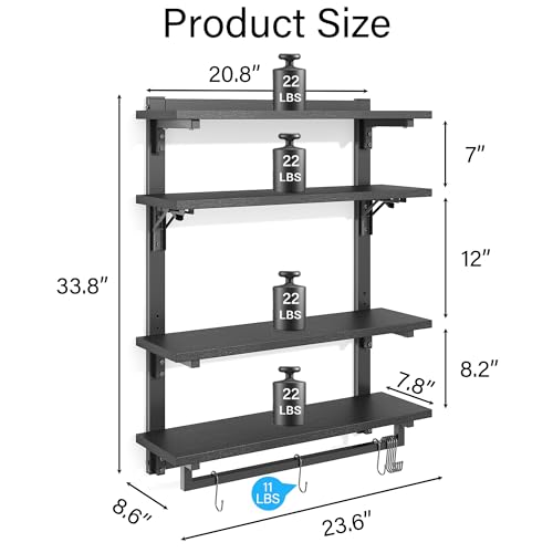 24" Foldable Gaming Floating Shelves with LED Lights, 4 Tier Display Rack with Adjustable Shelf, Wall Mounted Shelf with Hanging Rod and 8 S-Hooks for Gaming Room, Black - view 2